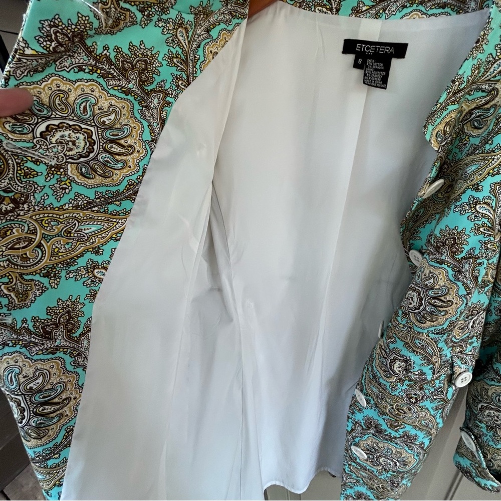Etcetera Long Jacket Women’s Sz 8 Turquoise Brown Front Button EUC - Picture 8 of 10
